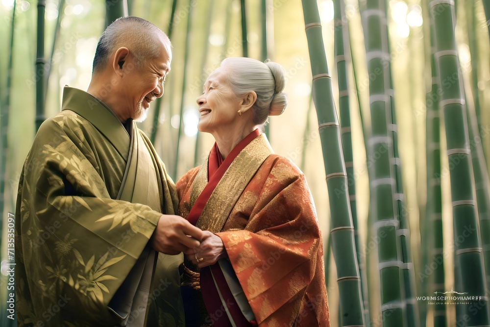 asian old couple in Bamboo Forest wearing traditional Japanese kimono at Bamboo Forest in Kyoto, Japan