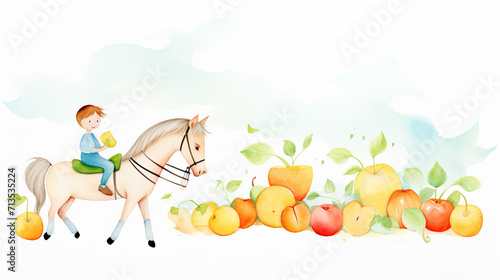 Children and fruit and horses, Cartoon drawing, Water color style, AI Generated