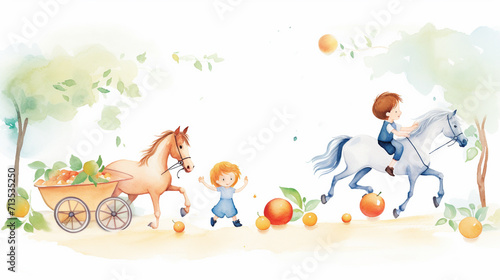 Children and fruit and horses, Cartoon drawing, Water color style, AI Generated