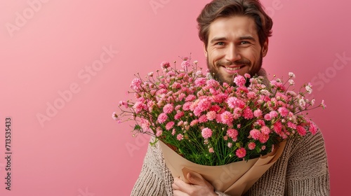 Smiling bearded man holding a large bouquet of pink chrysanthemums, radiating warmth and happiness on a pink background.