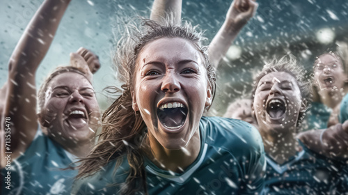 Celebrate the power of teamwork as a womens team exuberantly rejoices in victory.