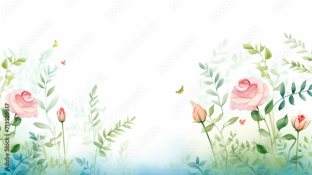 Forest and roses, Cartoon drawing, Water color style, AI Generated