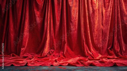 Fototapeta Luxurious red velvet stage curtain with elegant drapery and rich texture, perfect for theatrical or event backdrops.