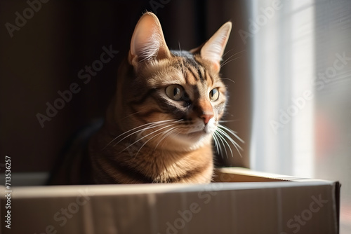 Portrait of a cat looking out of the box