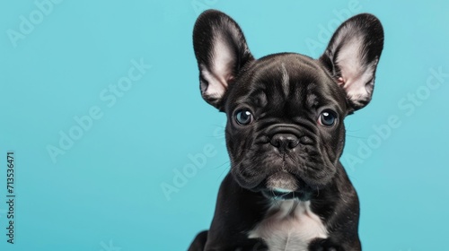 Photo portrait of a sitting black French bulldog puppy on a blue background photo