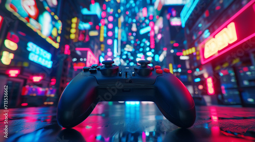 Interactive 3D game controller surrounded by vibrant elements from popular metaverse games, highlighting the excitement of gaming within the metaverse, metaverse gaming, hd, with c