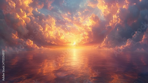Fiery sunset over tranquil sea, with radiant clouds and sun beams creating a breathtaking, dramatic skyscape. photo