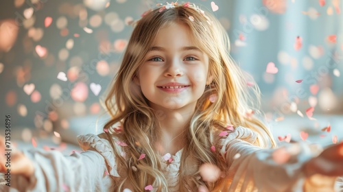 A radiant young girl with flowing hair surrounded by floating hearts, embodying the joyful spirit of love and innocence.