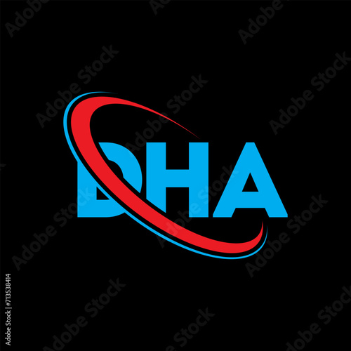 DHA logo. DHA letter. DHA letter logo design. Initials DHA logo linked with circle and uppercase monogram logo. DHA typography for technology, business and real estate brand.