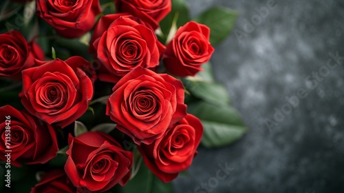 An overhead view of an intricately arranged red rose bouquet, perfect for a romantic occasion. [Intricately arranged red rose bouquet, space for text, elegance, and sensuality