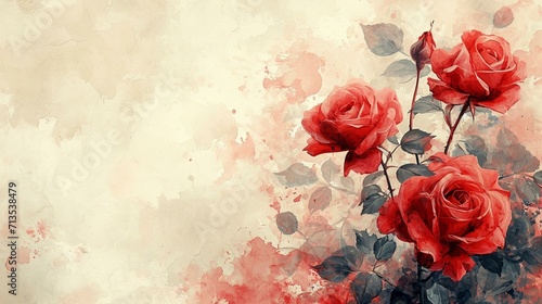 A creative blend of red roses and watercolor elements  adding an artistic and contemporary touch.  Red roses with watercolor elements  space for text  elegance  and sensuality