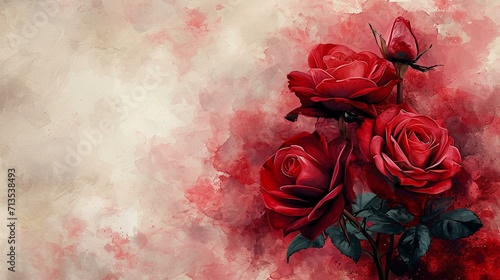 A creative blend of red roses and watercolor elements, adding an artistic and contemporary touch. [Red roses with watercolor elements, space for text, elegance, and sensuality