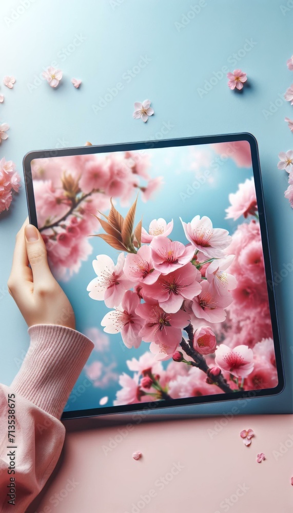 Cherry Blossoms Emerging from Tablet Screen, Spring Concept Cherry Blossoms Emerging from Tablet Screen, Spring Concept