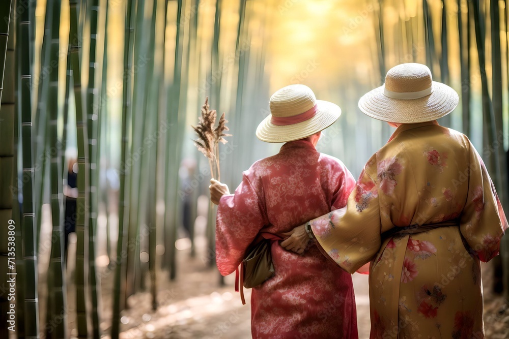 Asian old woman in bamboo forest wearing traditional Japanese kimono at Bamboo Forest in Kyoto, Japan