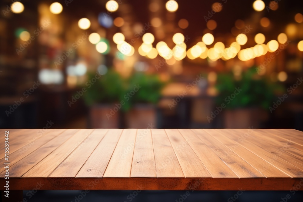 Wooden table against outdoor at street evening bar, featuring blurred defocused background with enchanting lights and copy space