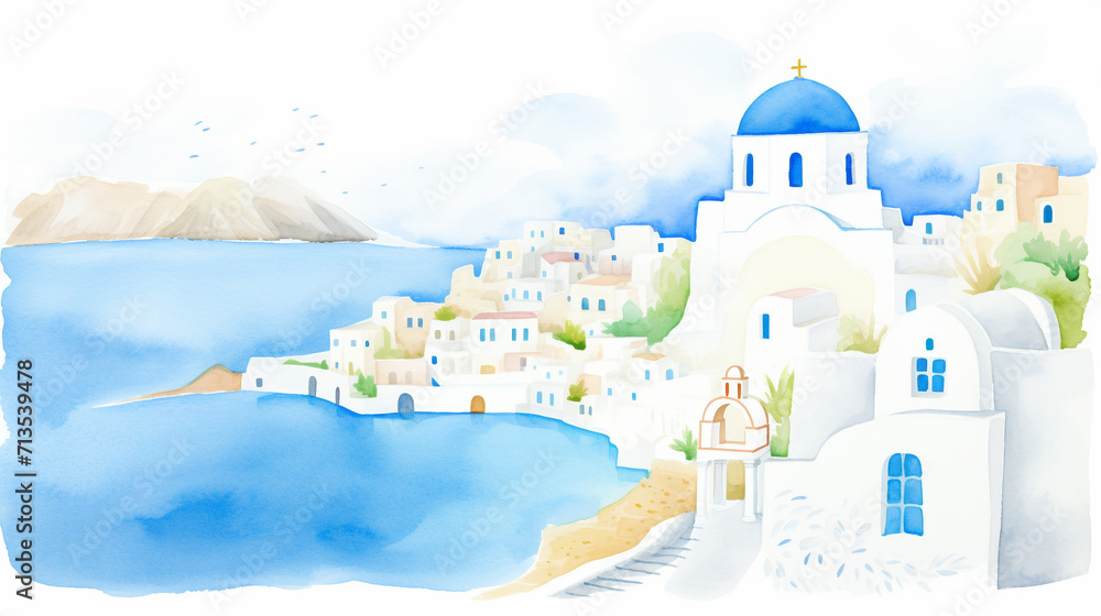 Iconic view of Santorini's white and blue architecture along Aegean Sea cartoon drawing, AI Generated