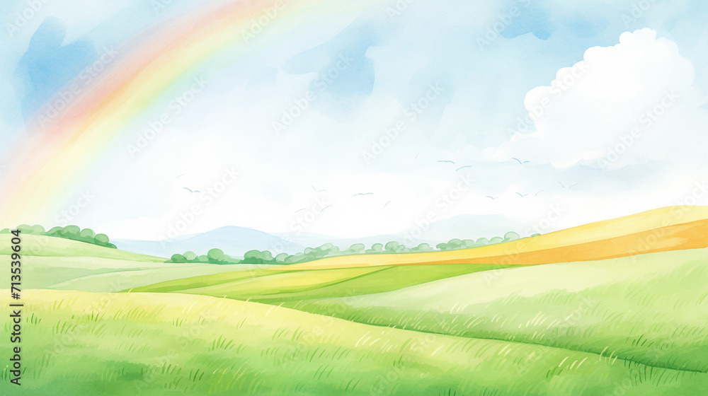 Swaying green fields of Ireland with rainbow in the sky cartoon drawing, AI Generated Swaying green fields of Ireland with rainbow in the sky cartoon drawing, AI Generated