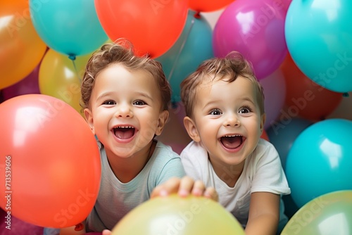 Two little boys are twin brothers among a multitude of colorful balloons smiling together. The concept of holidays and happy birthday surprise. Generated by AI.