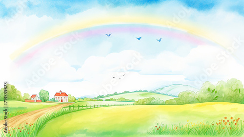 Swaying green fields of Ireland with rainbow in the sky cartoon drawing  AI Generated