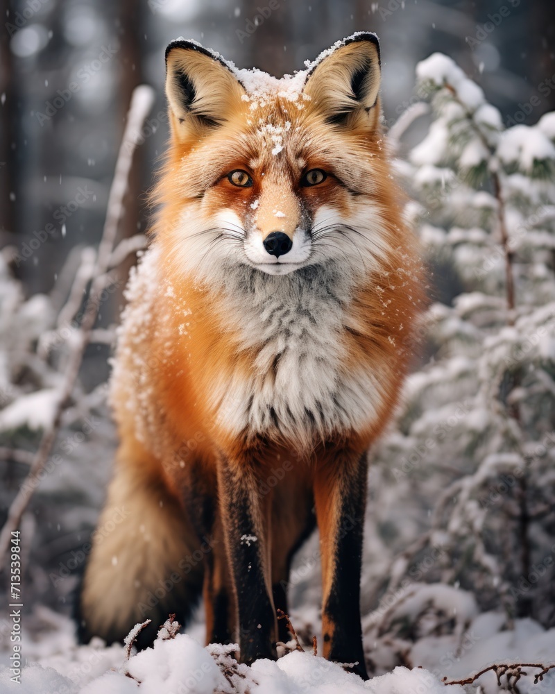 Full-length portrait of red fluffy fox in snowy forest landscape, standing and looking at the camera