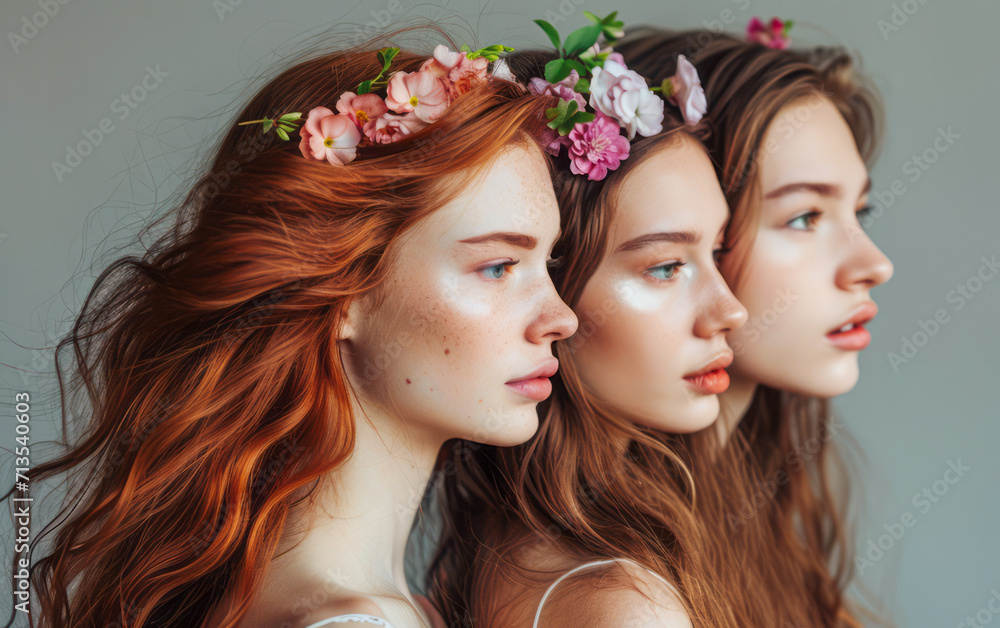 Three young ladies with spring floral accents in their hair stand together, smiling as they gaze into the camera. The concept blends the freshness of spring with the beauty and joy of young women.
Three young ladies with spring floral accents in their hair stand together, smiling as they gaze into the camera. The concept blends the freshness of spring with the beauty and joy of young women.