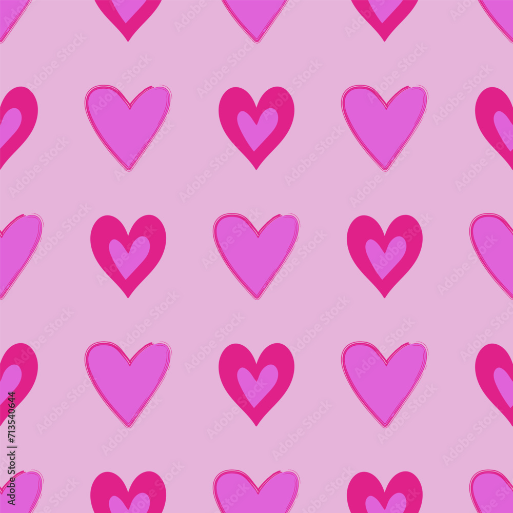 Valentines Day doodles seamless pattern. Cute hot pink hearts with simple decorative elements vector illustration.