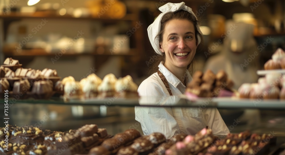 Cheerful Chocolate Shop Employee Welcoming Customers Behind the Counter