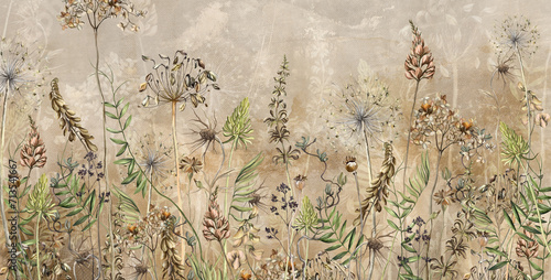 Art drawn dried flowers on a textured background,  drawing in beige tones. © Viktorious_Art