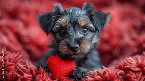 An endearing Yorkshire Terrier puppy with a heart-shaped toy, nestled in a red, cozy blanket—perfect for heartwarming Valentine's content © AlexTroi
