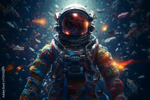 astronaut floating in space and psychedelic closeup