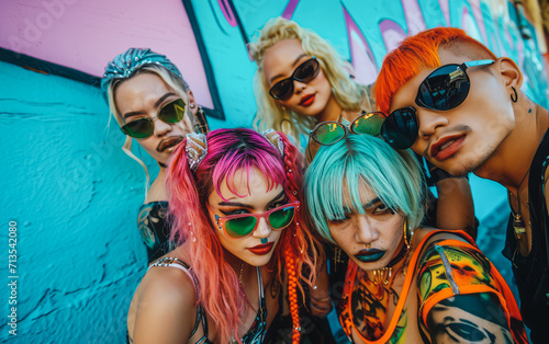  A group of enthusiasts with brightly colored hair and sunglasses, inspired by the styles of the '90s and 2000s. A retro fashion trend. © mimi