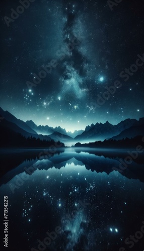 Starry Night Sky Reflected in Mountain Lake, Serenity Concept