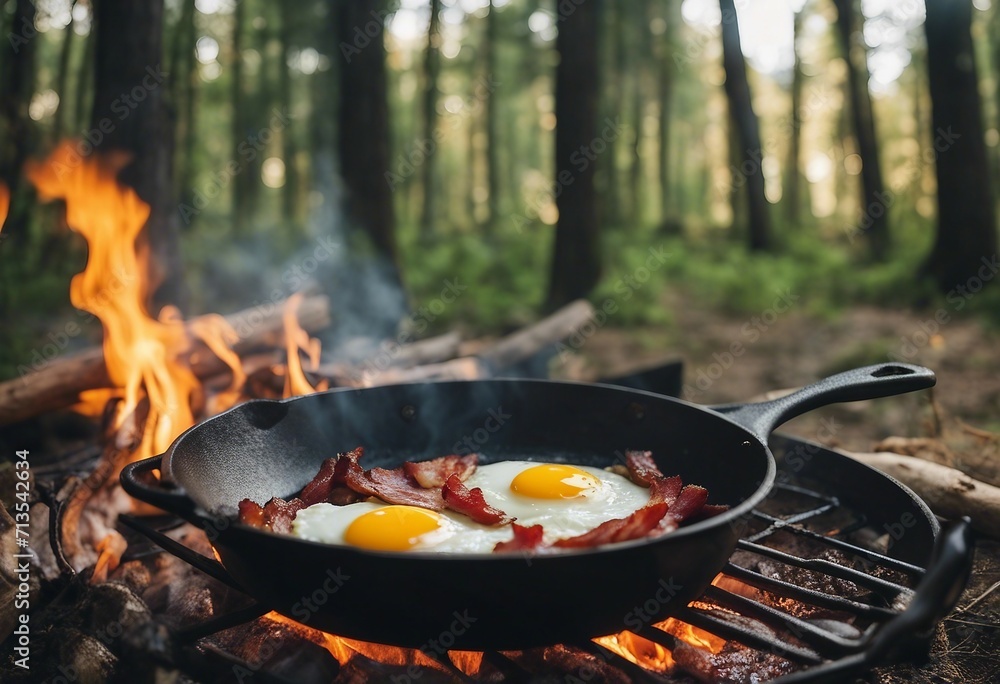 Camping breakfast with bacon and eggs in a cast iron skillet Fried eggs with bacon in a pan in the f Camping breakfast with bacon and eggs in a cast iron skillet Fried eggs with bacon in a pan in the f