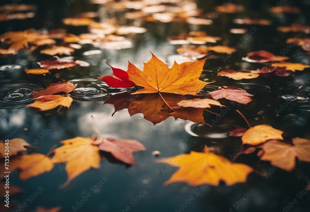 Colorful fall leaves in pond lake water floating autumn leaf Fall season leaves in rain puddle Sunny Colorful fall leaves in pond lake water floating autumn leaf Fall season leaves in rain puddle Sunny