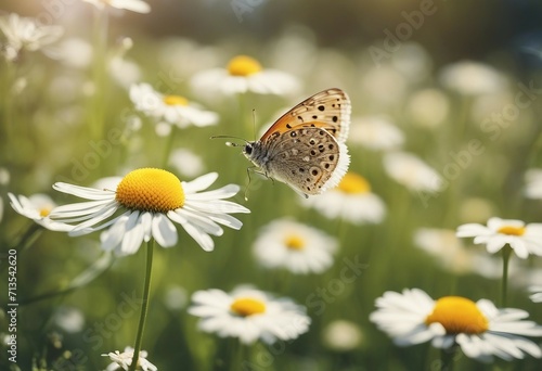 Beautiful wild flowers chamomile with butterfly on sunny spring meadow close-up macro Landscape wide © ArtisticLens