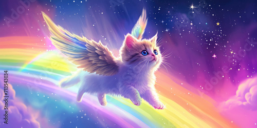 A cute kitten with angel wings runs along the rainbow. The concept of rest in peace. Fantasy animal illustration. Pets passing away
