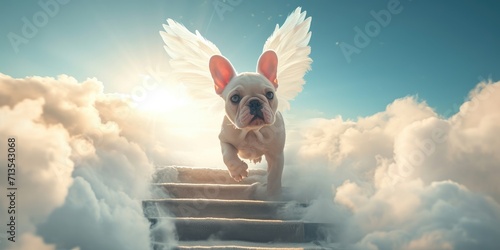 Cute French bulldog with angel wings on the stairs to heaven among the clouds. The concept of rest in peace. Pets passing away