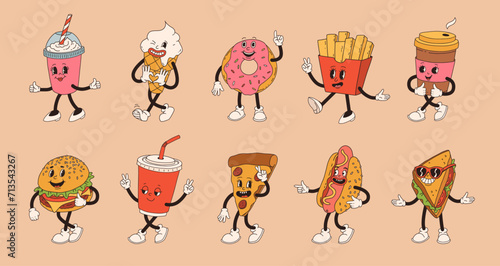 Set of fast food retro groovy cartoon character. Vintage mascot of burger, pizza, hot dog, ice cream, french fries, coffee to go, donut and soda with happy smile. Funky street food illustration