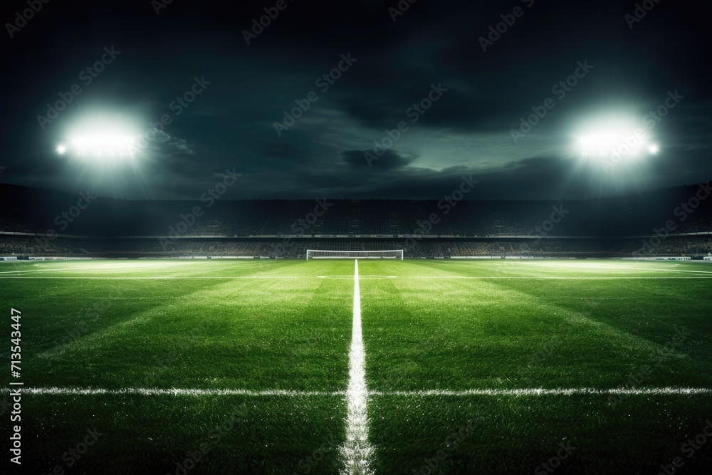 Night Soccer Field with Bright Lights Shining on the Pitch, Creating Illuminated Lines and a Sports - obrazy, fototapety, plakaty 