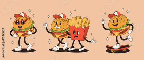 Set of fast food retro groovy cartoon character. Vintage mascot of burger with french fries, burger with hat and glasses on skateboard with happy smile. Funky street food illustration