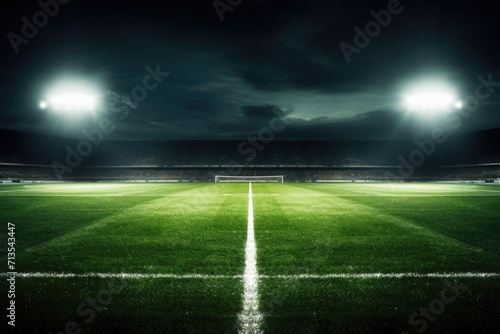 Night Soccer Field with Bright Lights Shining on the Pitch, Creating Illuminated Lines and a Sports