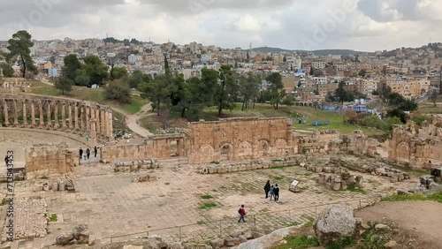 ancient Roman structures in Jerash city,Gerasa, Jordan, hippodrom, amphiteatre,theatres and columns of the ancient Roman civilization made out of sand and marble stone photo