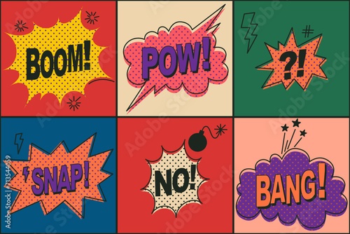 Speech bubbles set. Comic text sound effect. Banner, poster, sticker concept. Expression funny style text Boom, Pow. Explosion design. Vector bright cartoon messages. Abstract background pop art style