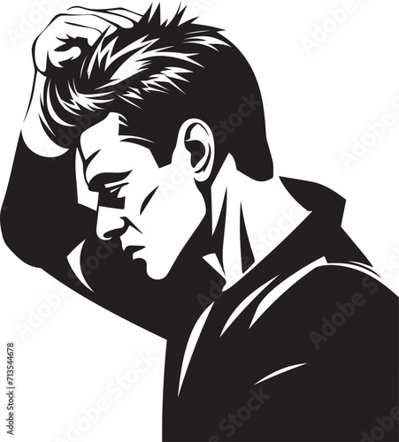 Perplexed Portrait Design of a Man Scratching Head Icon Desolation Dilemma Depressed Soul Emblem