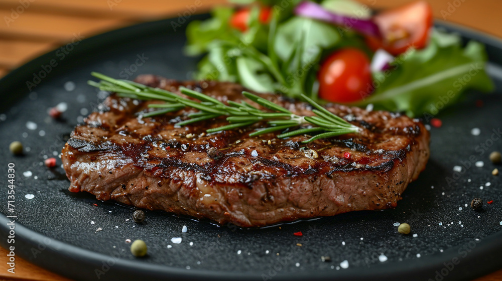 Medium steak on a porcelain plate, with a sprig of rosemary on the steak. The background of the salad plate is blurry. Classically cooked meat. Restaurant. Homemade food. Medium steak on a porcelain plate, with a sprig of rosemary on the steak. The background of the salad plate is blurry. Classically cooked meat. Restaurant. Homemade food.