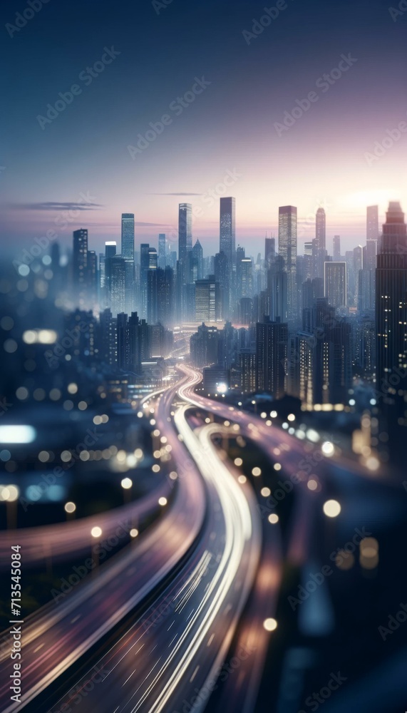 Illuminated Cityscape with Busy Traffic at Twilight, Urban Lifestyle Concept