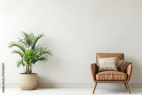 A simple and minimalistic image featuring a chair and a potted plant placed against a clean white wall. Perfect for interior design concepts or adding a touch of nature to any space