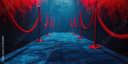 A blue carpet with red ropes and ropes on it. Can be used to depict an elegant event or a grand entrance photo