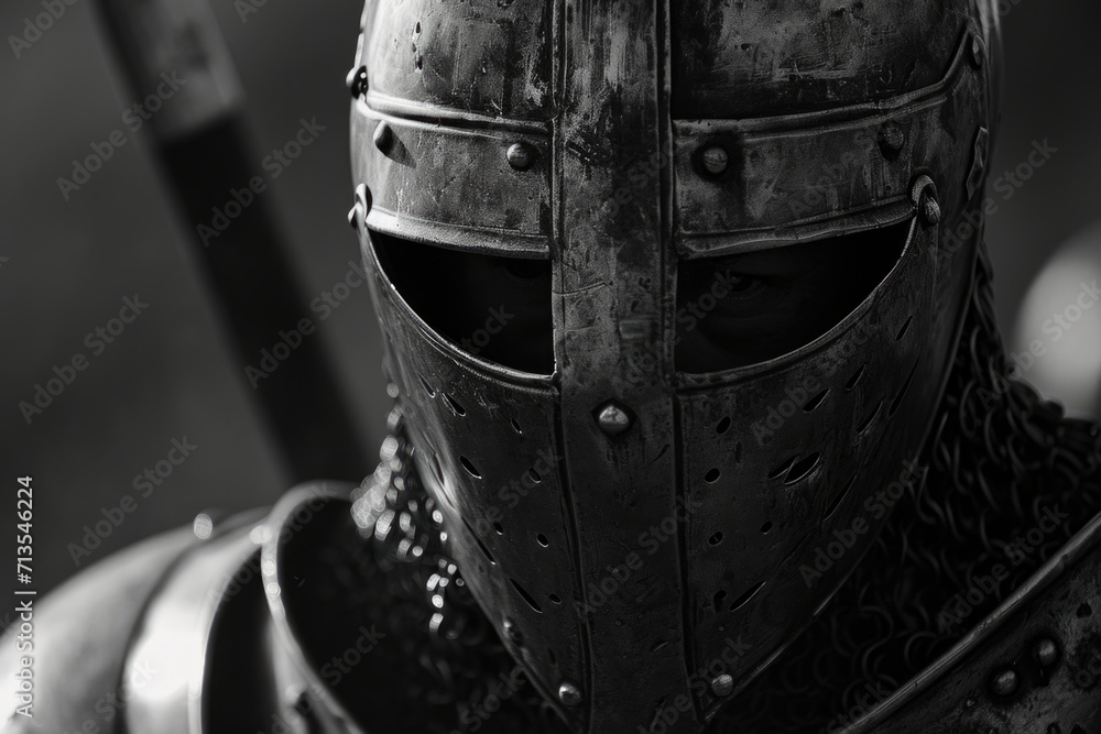 A black and white photo of a knight in armor. Suitable for historical projects and medieval-themed designs - obrazy, fototapety, plakaty 