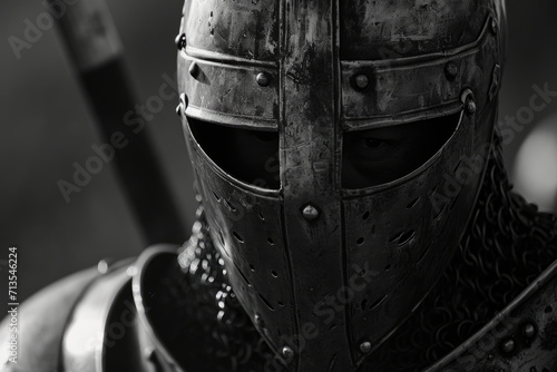 A black and white photo of a knight in armor. Suitable for historical projects and medieval-themed designs photo